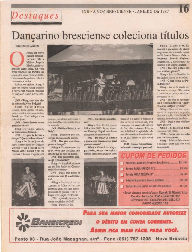 Recorte de periódico de 1997 en portugués sobre el artista de boleadoras Milton Manica en Porto Alegre.